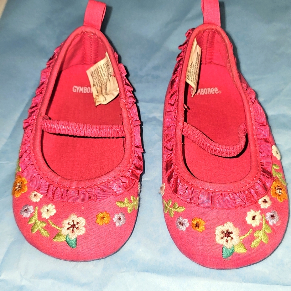 Gymboree Size 4 Fuschia Pink Canvas W/Flowers Fall 2~2012 Crib Shoes Mary janes
